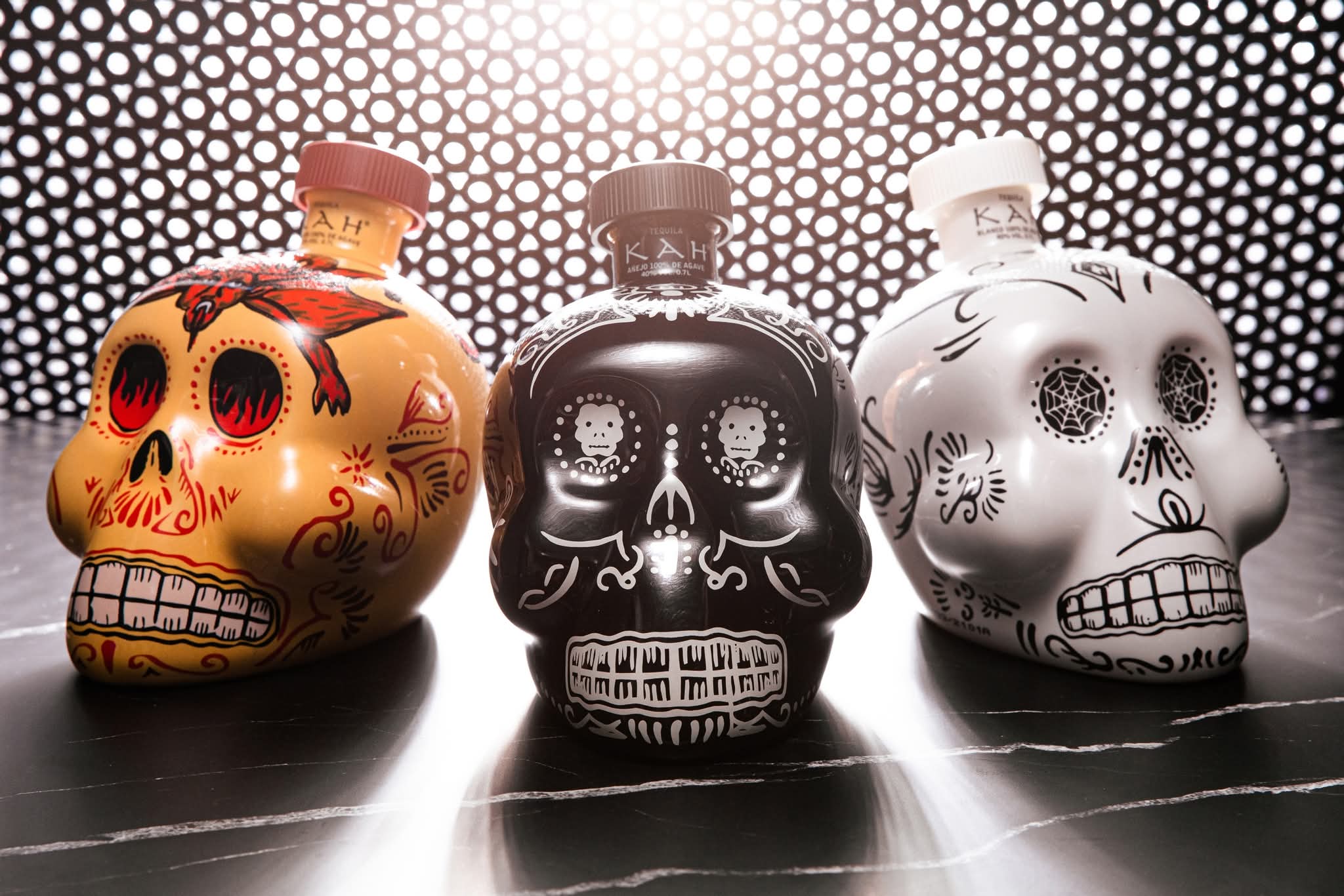 3 EMPTY KAH TEQUILA 50 ML Hand Painted Skull Head Bottles Free Shipping