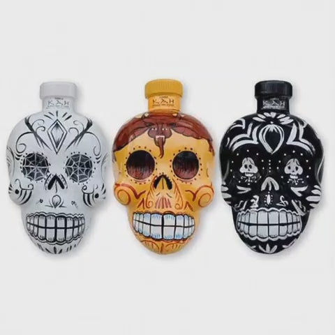 3 EMPTY KAH TEQUILA 750 ML Hand Painted Skull Head Bottles Free Shipping