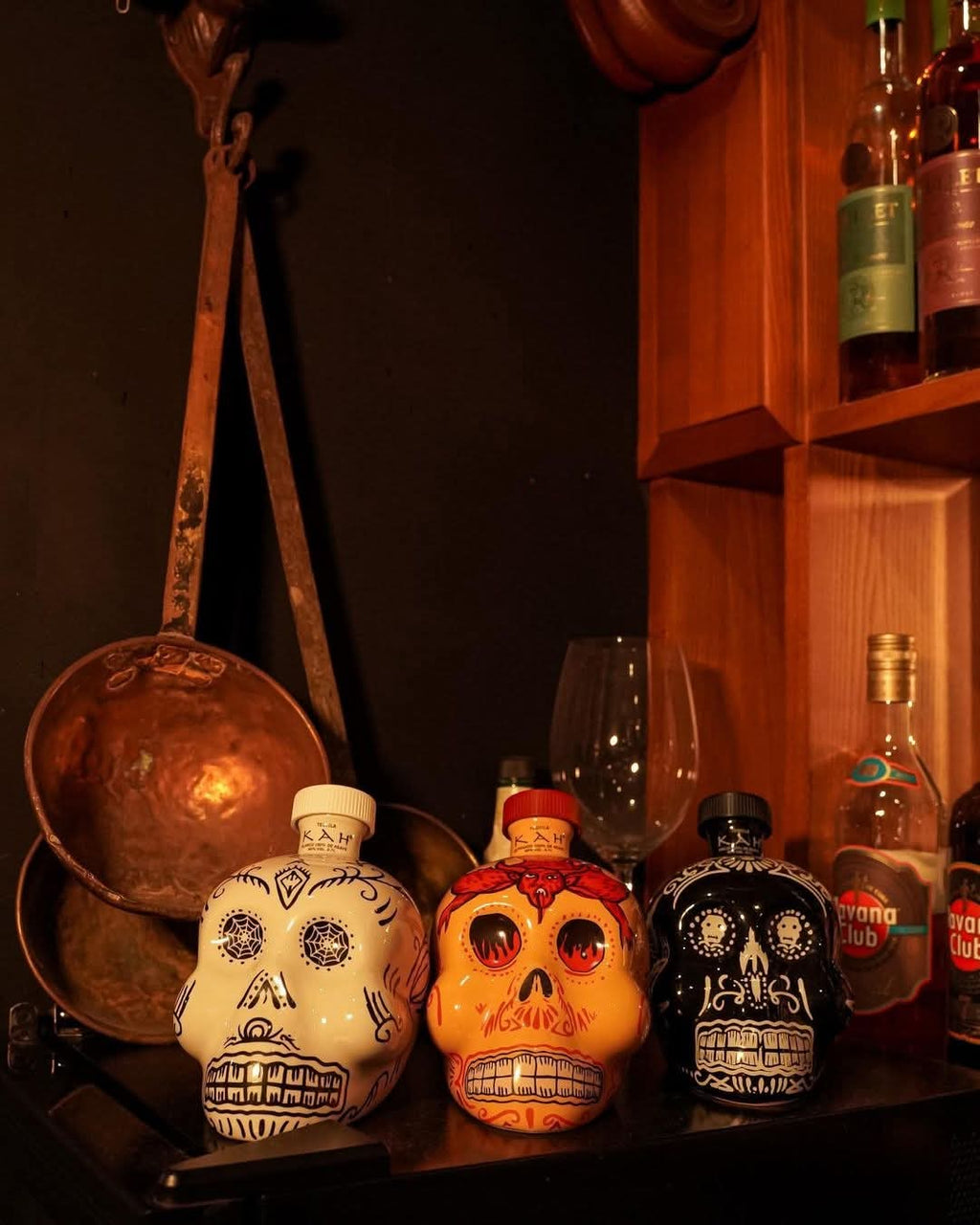 3 EMPTY KAH TEQUILA 50 ML Hand Painted Skull Head Bottles Free Shipping