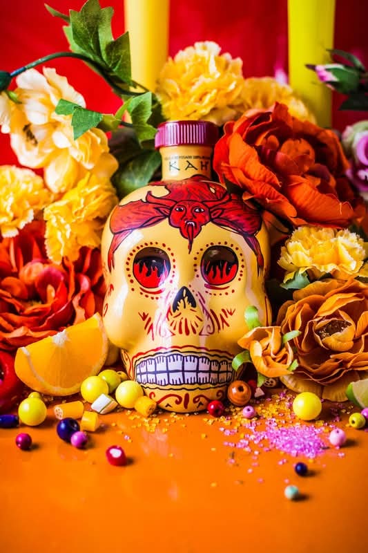 3 EMPTY KAH TEQUILA 50 ML Hand Painted Skull Head Bottles Free Shipping